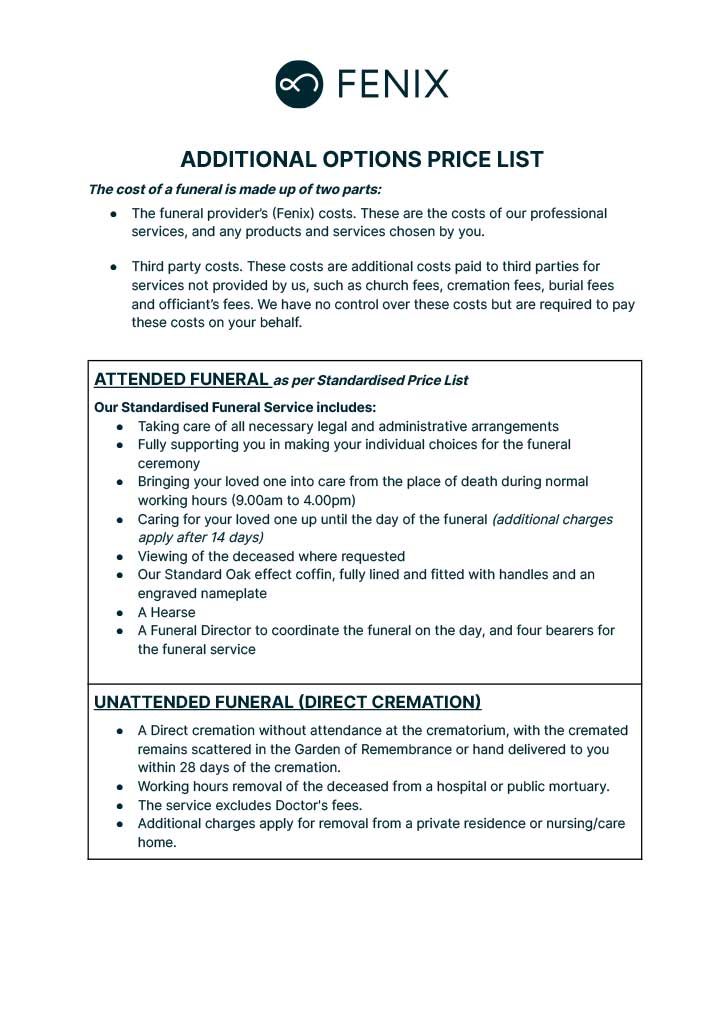 Additional Options Price List - Fenix Funeral Directors